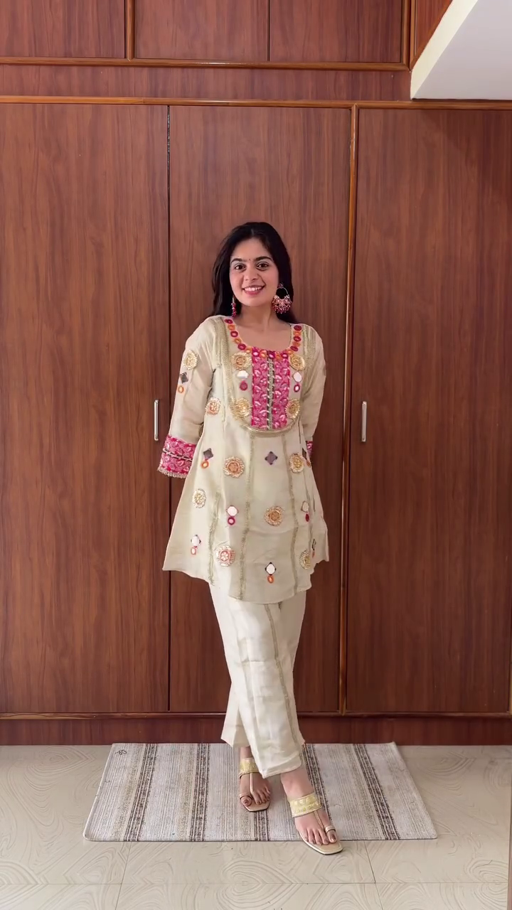 Beige Embroidered Kurti  Set for Women