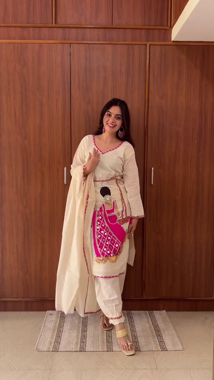Beige Embroidered Kurti  Set for Women