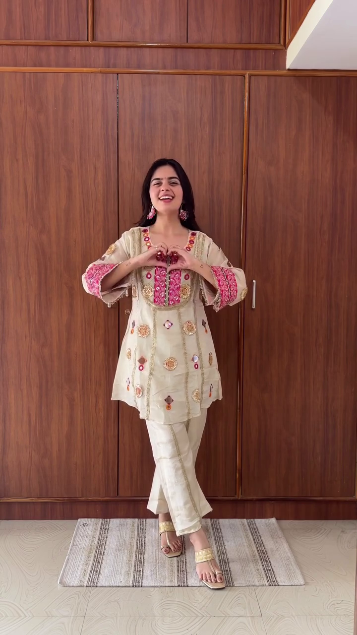 Beige Embroidered Kurti  Set for Women