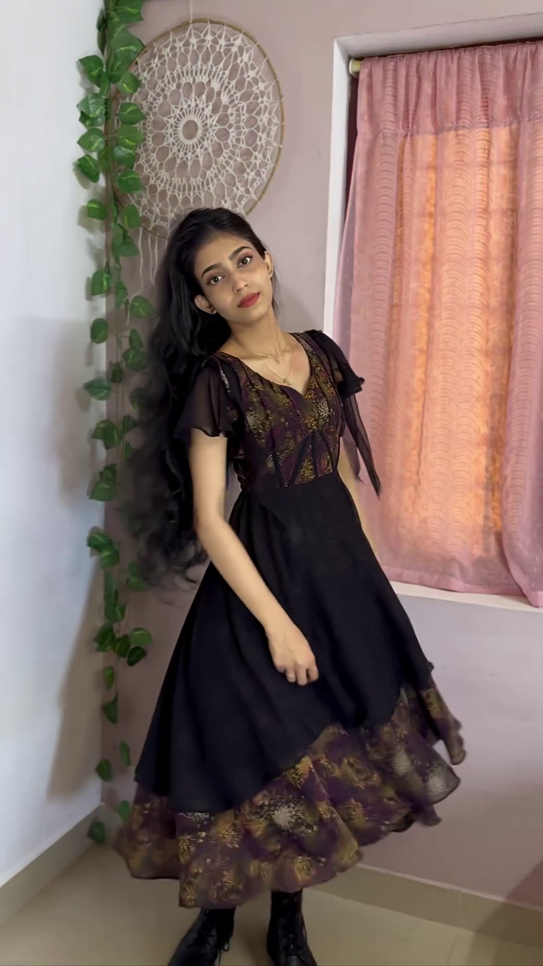 Midnight Floral Printed Party Dress with Layered Skirt