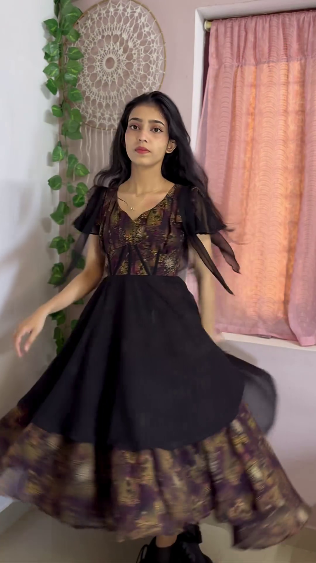 Midnight Floral Printed Party Dress with Layered Skirt