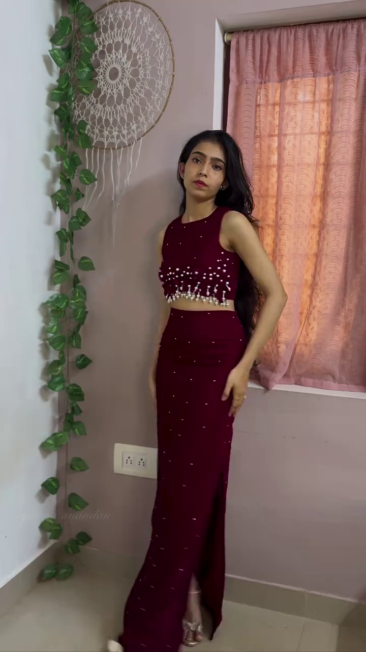 Wine Red Pearl Embellished Two-Piece Party Set