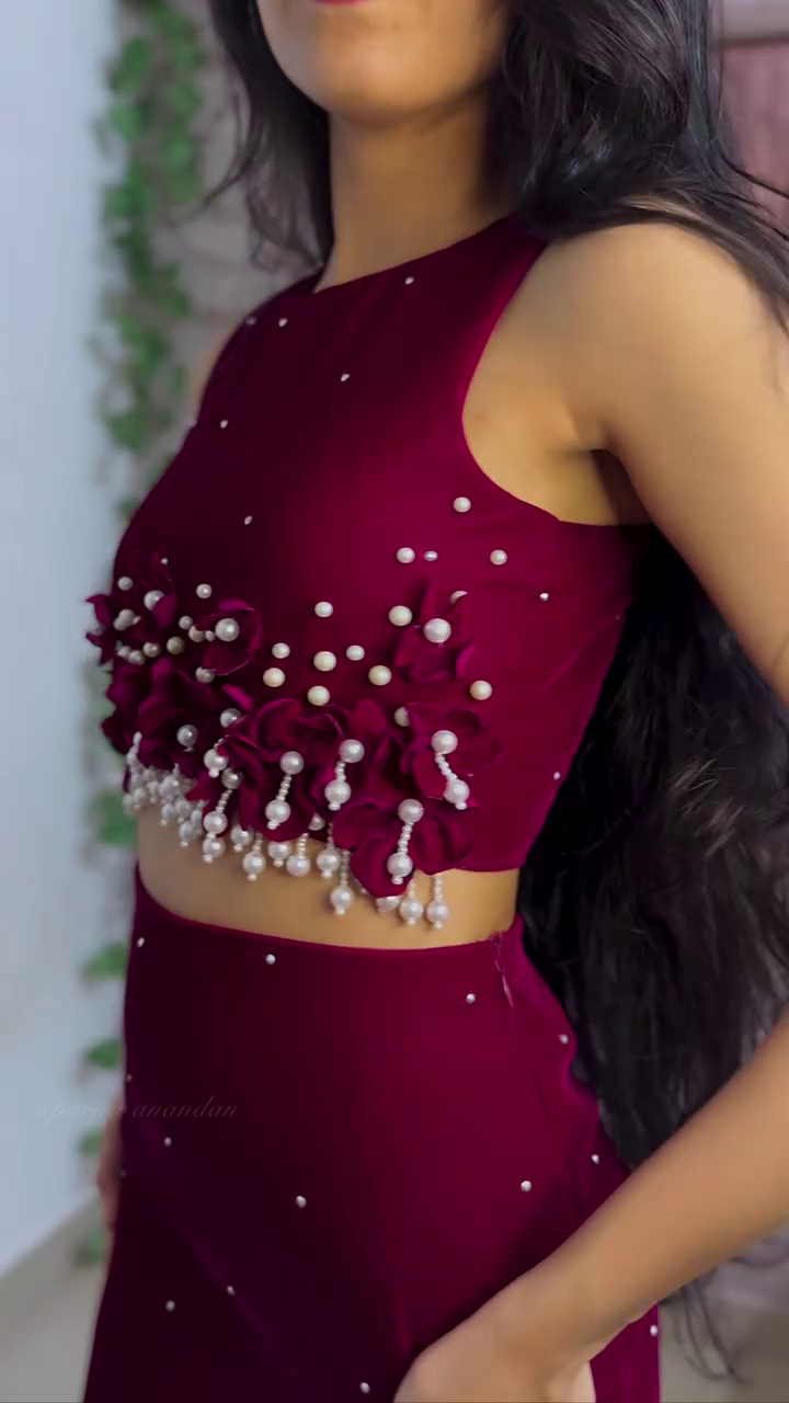Wine Red Pearl Embellished Two-Piece Party Set