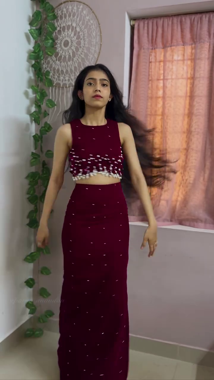 Wine Red Pearl Embellished Two-Piece Party Set