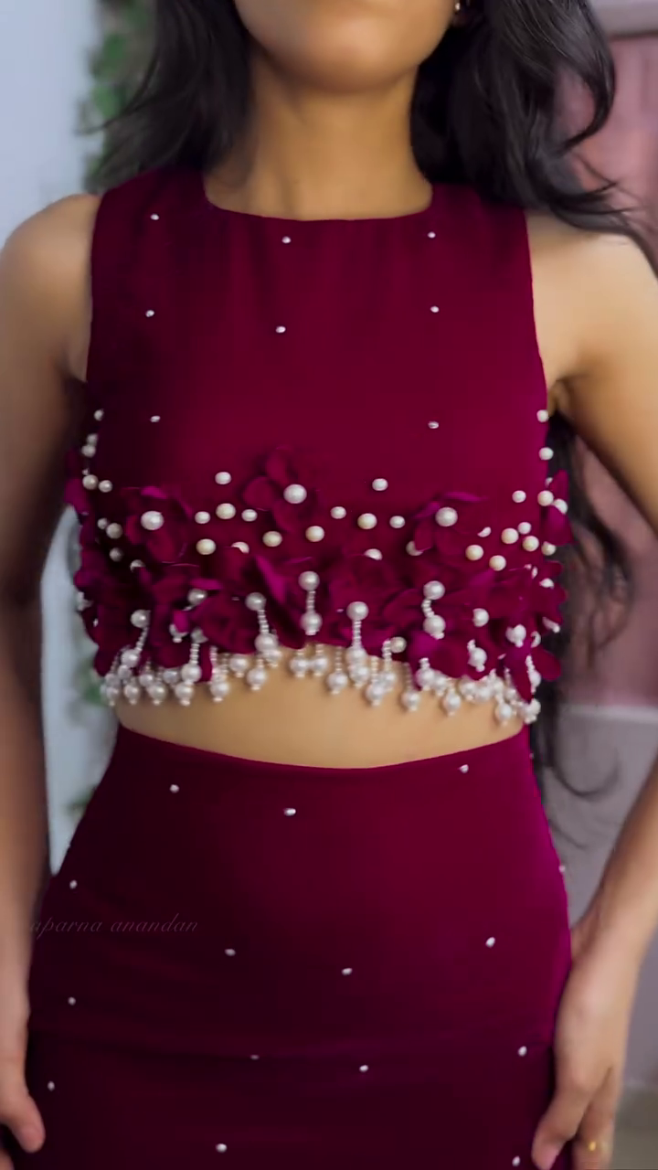 Wine Red Pearl Embellished Two-Piece Party Set