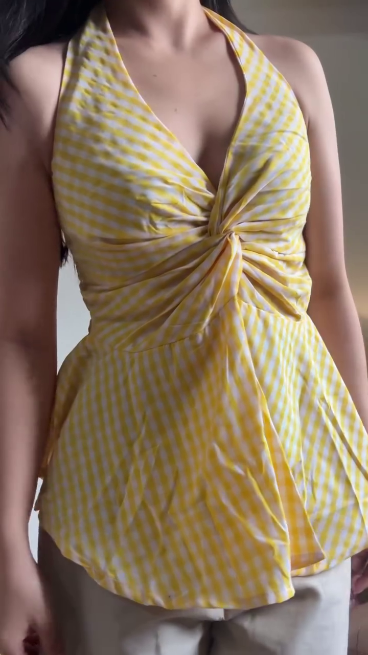Yellow Gingham Twist Front Halter Top