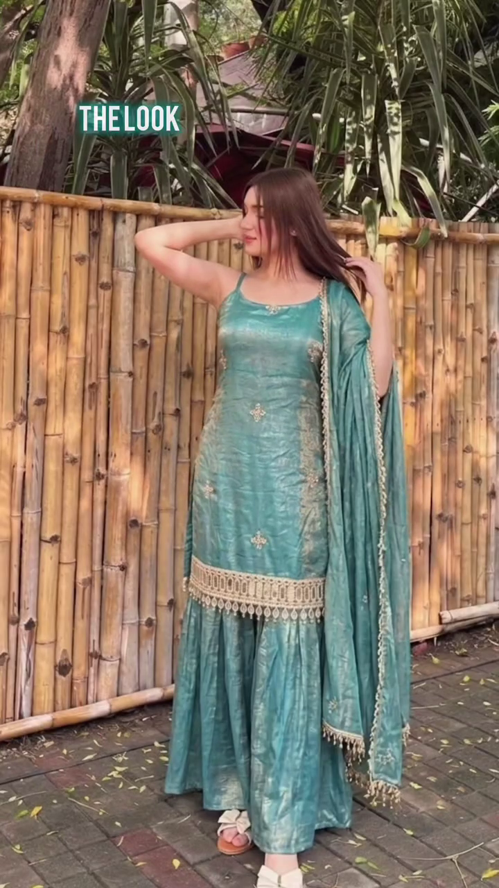 Sea Green Embroidered Sharara Suit Set with Dupatta