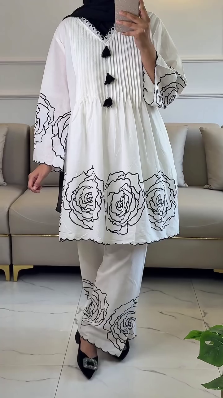 Elegant White Floral Printed Modest Co-Ord Set