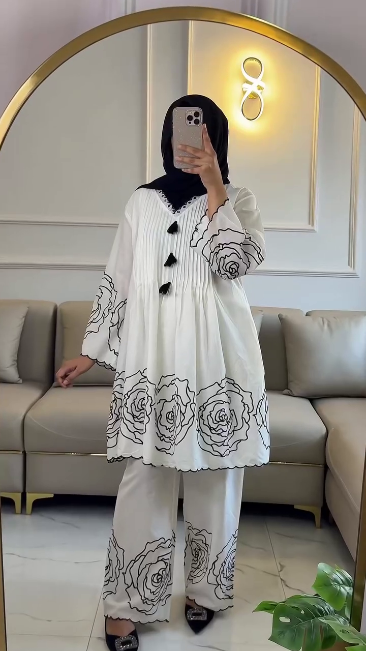 Elegant White Floral Printed Modest Co-Ord Set