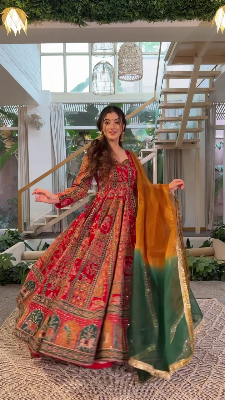 Royal Printed Anarkali Dress with Mustard Organza Dupatta