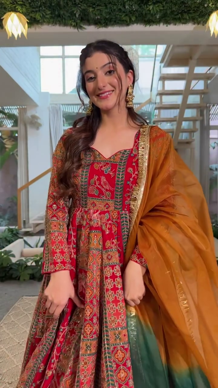 Royal Printed Anarkali Dress with Mustard Organza Dupatta