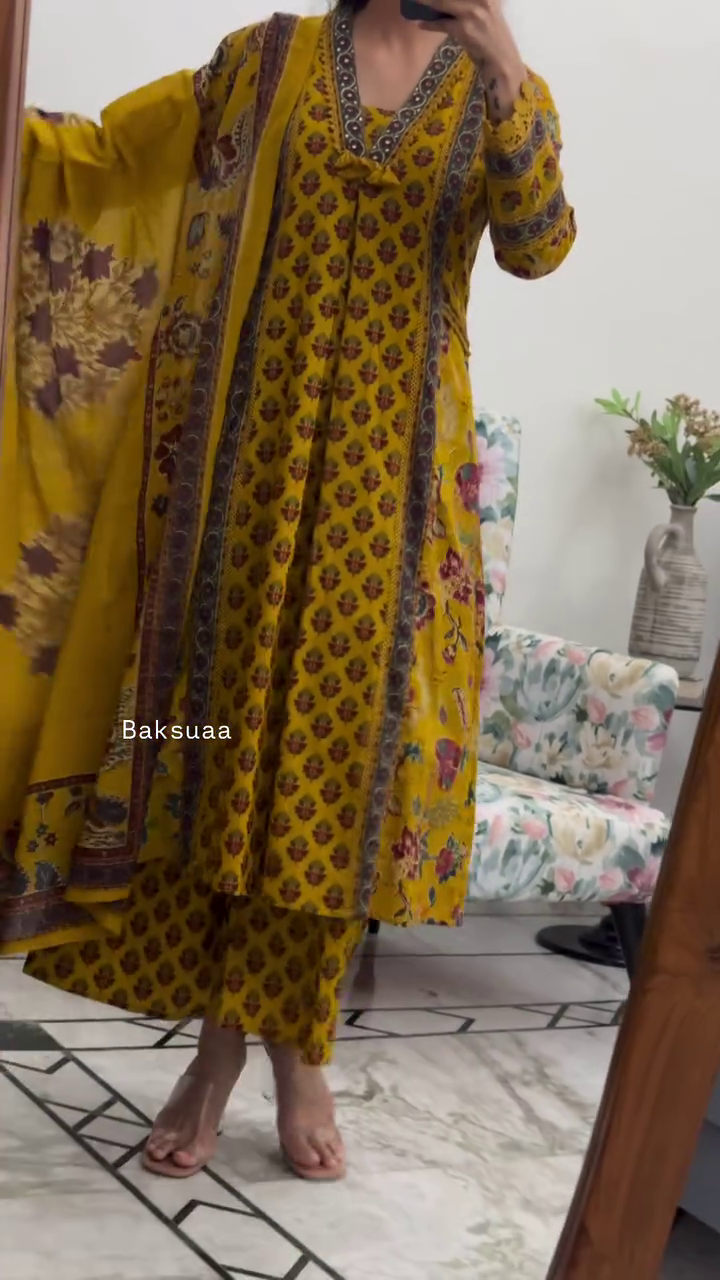 Mustard Yellow Colour Printed Kurta Set