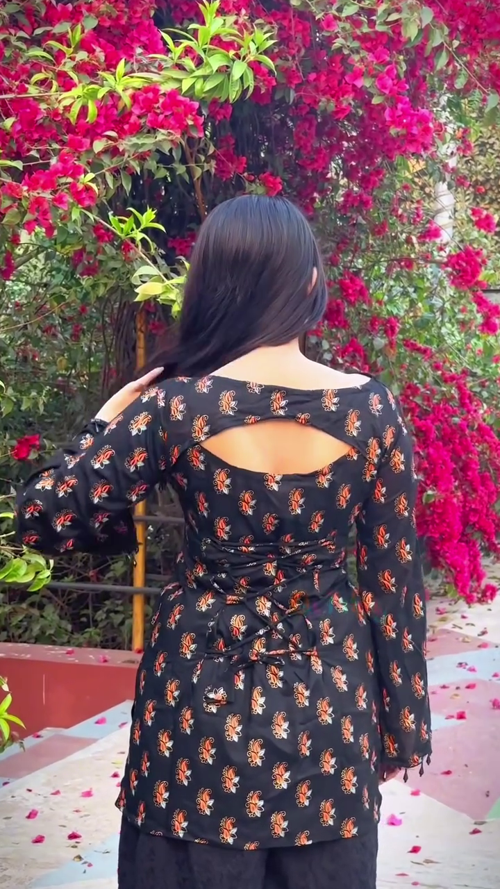 Black Colour Printed Designer Kurti Set