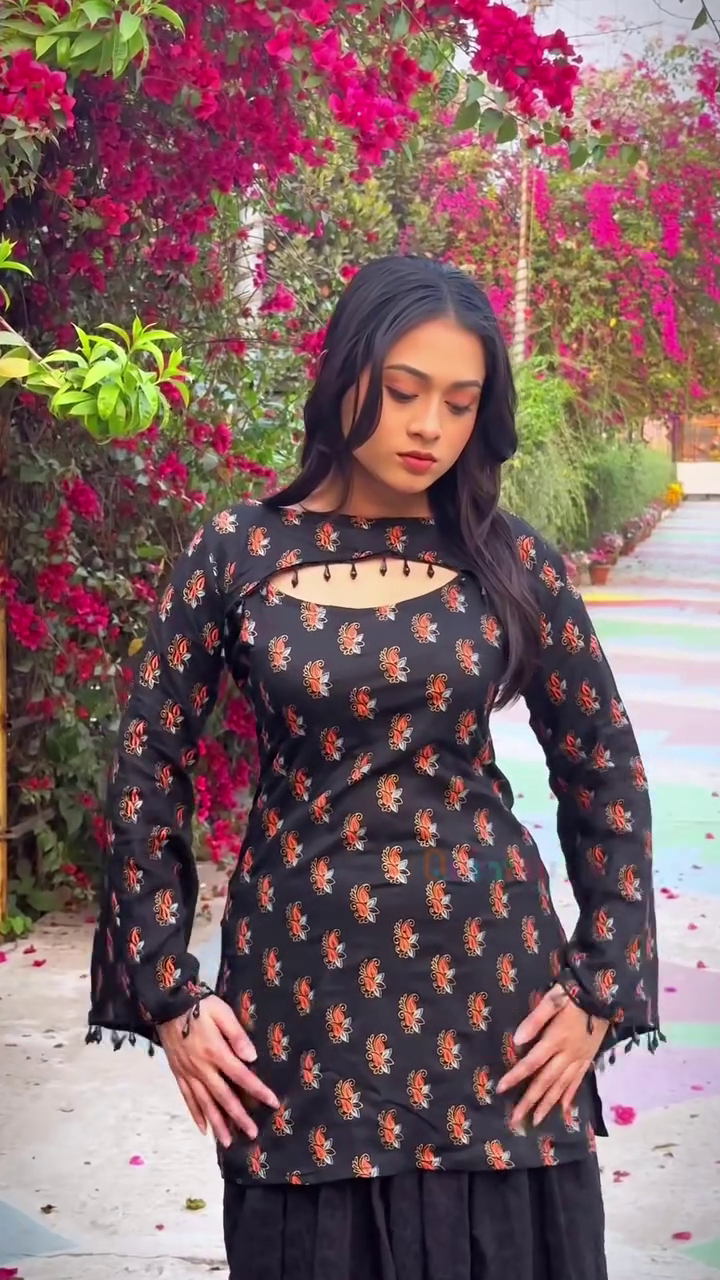 Black Colour Printed Designer Kurti Set