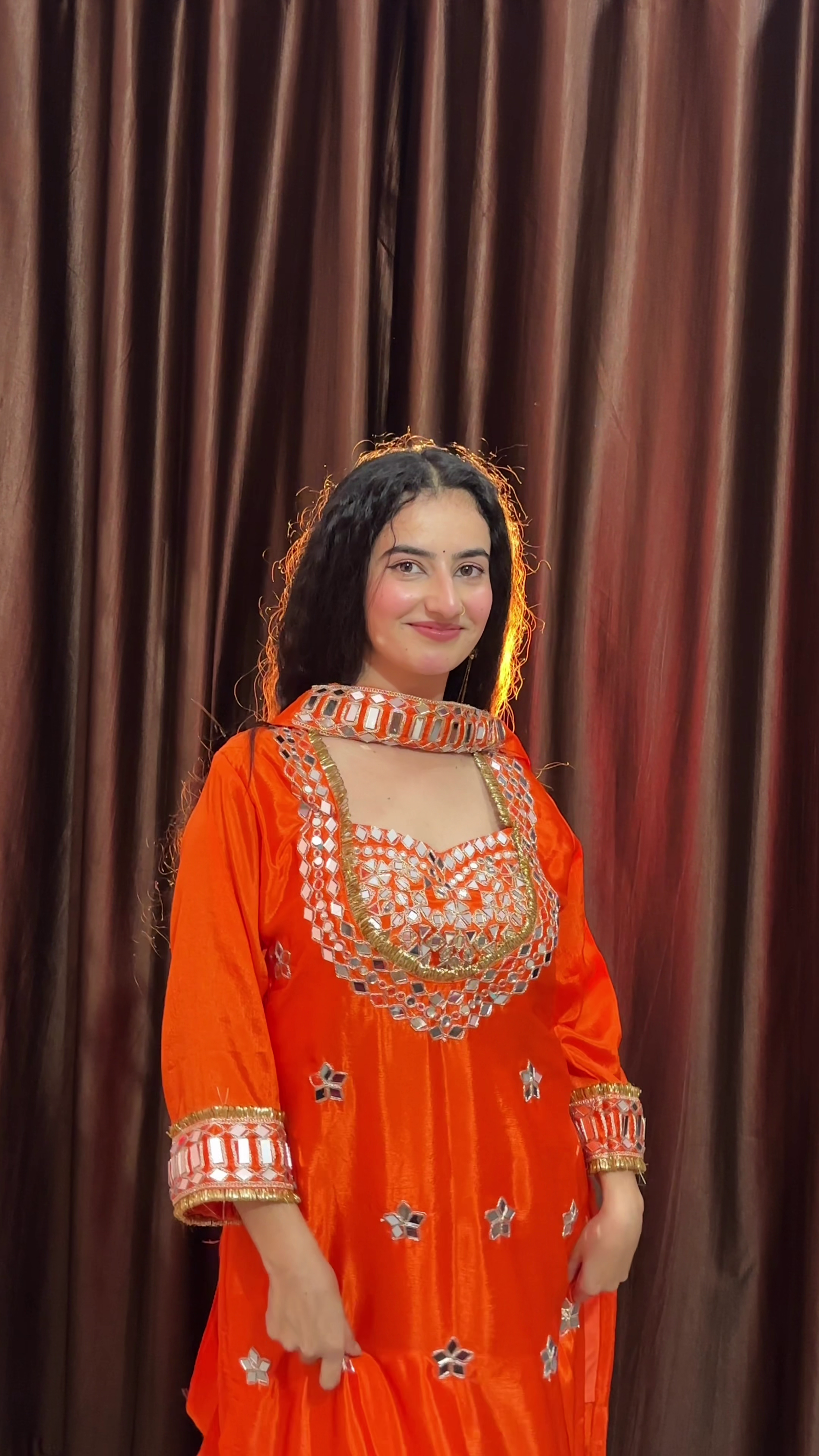 Vibrant Orange Colour Mirror Work Kurta Set