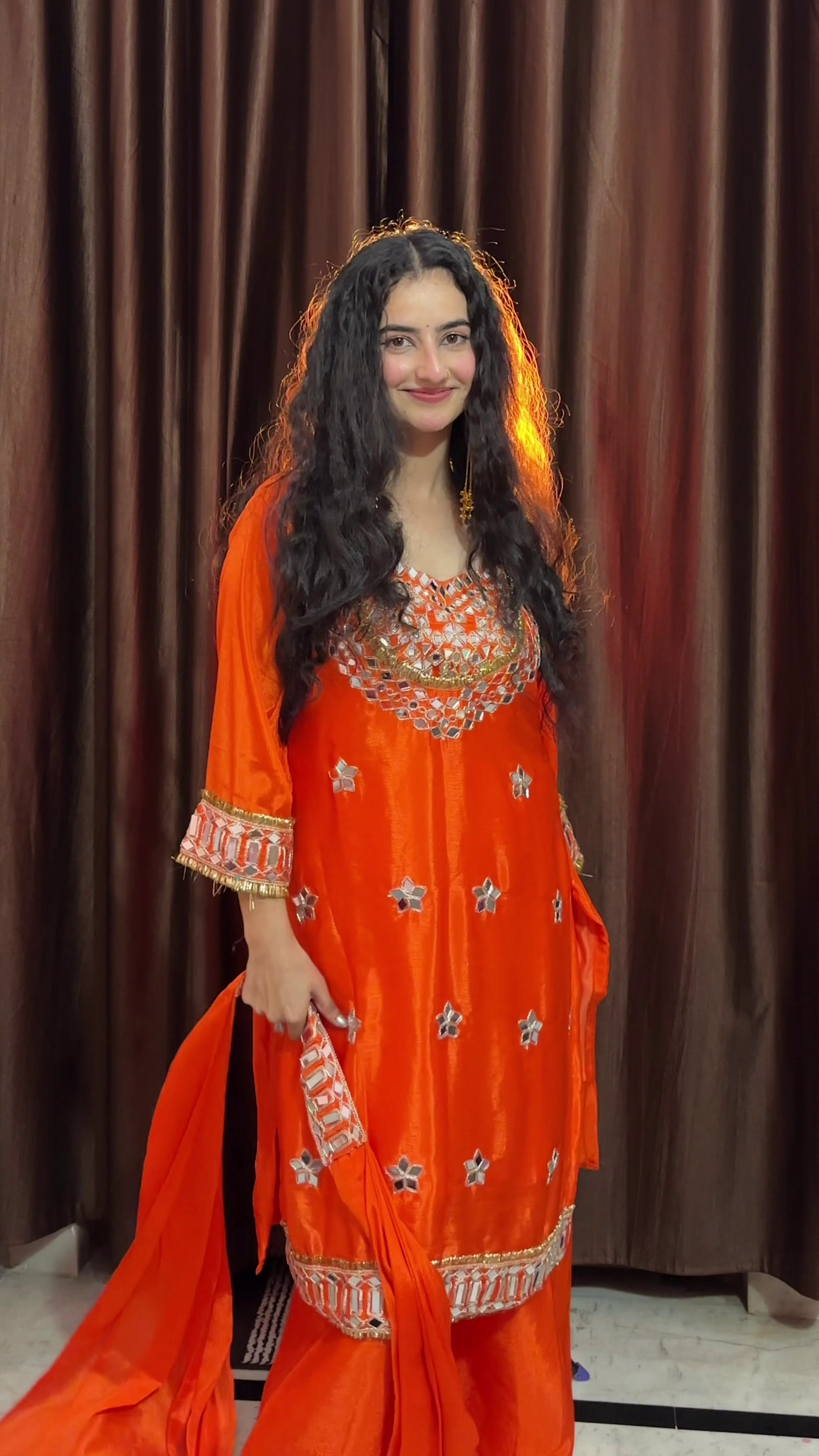 Vibrant Orange Colour Mirror Work Kurta Set