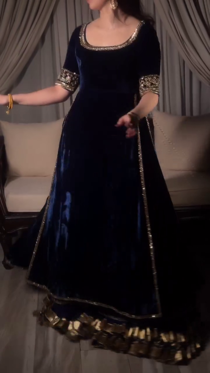 Royal Navy Blue Velvet Anarkali Gown Set