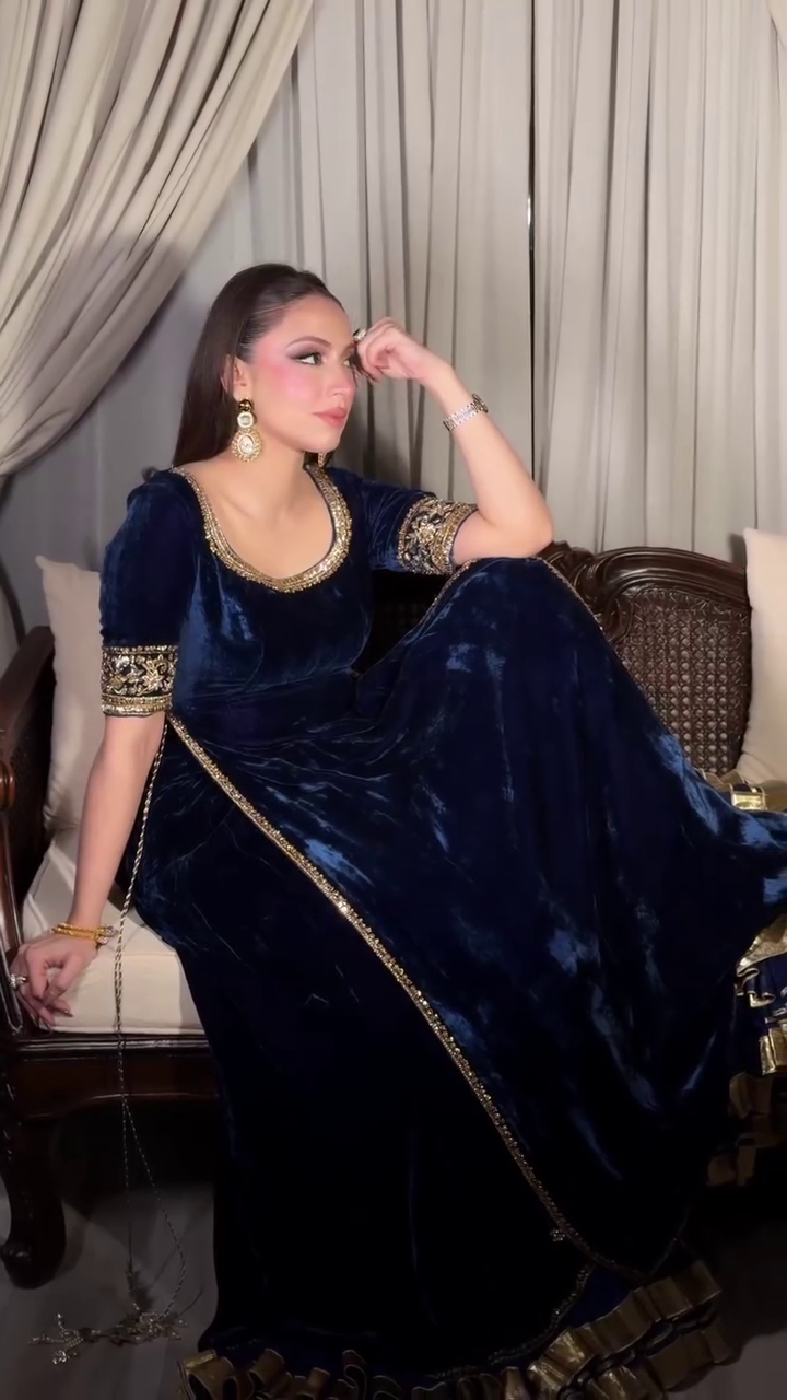 Royal Navy Blue Velvet Anarkali Gown Set