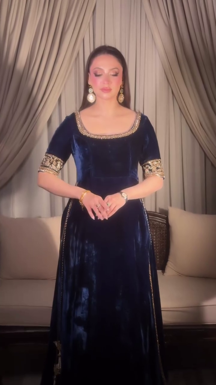 Royal Navy Blue Velvet Anarkali Gown Set