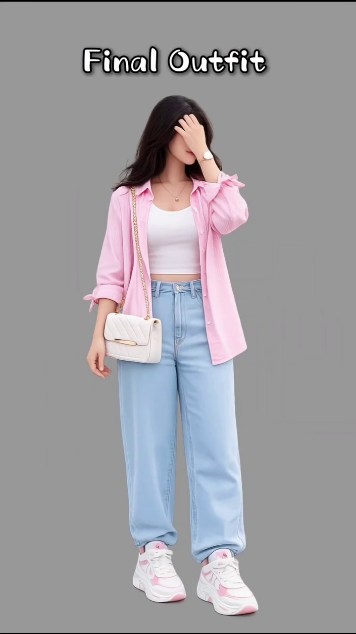 Women's Casual Pink Oversized Shirt with White Crop Top