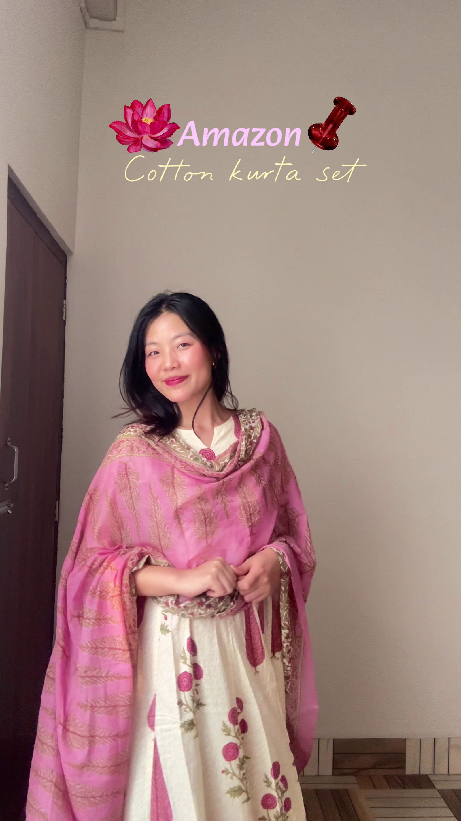 Cream & Pink Floral Cotton Anarkali Kurta Set
