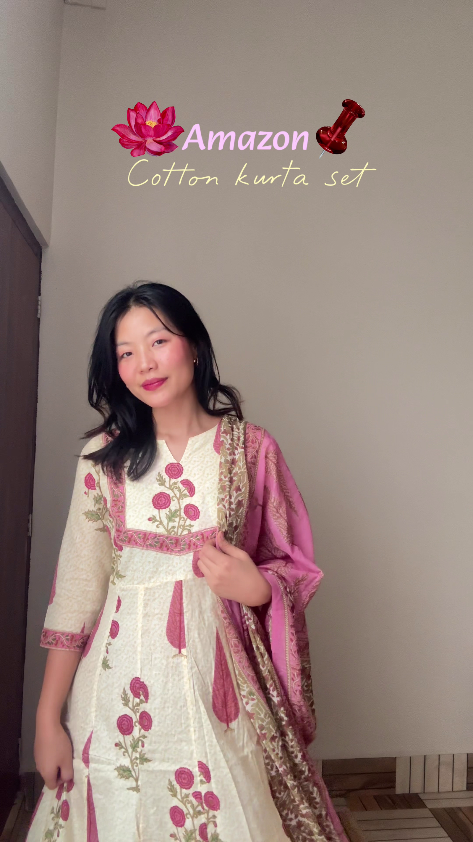 Cream & Pink Floral Cotton Anarkali Kurta Set