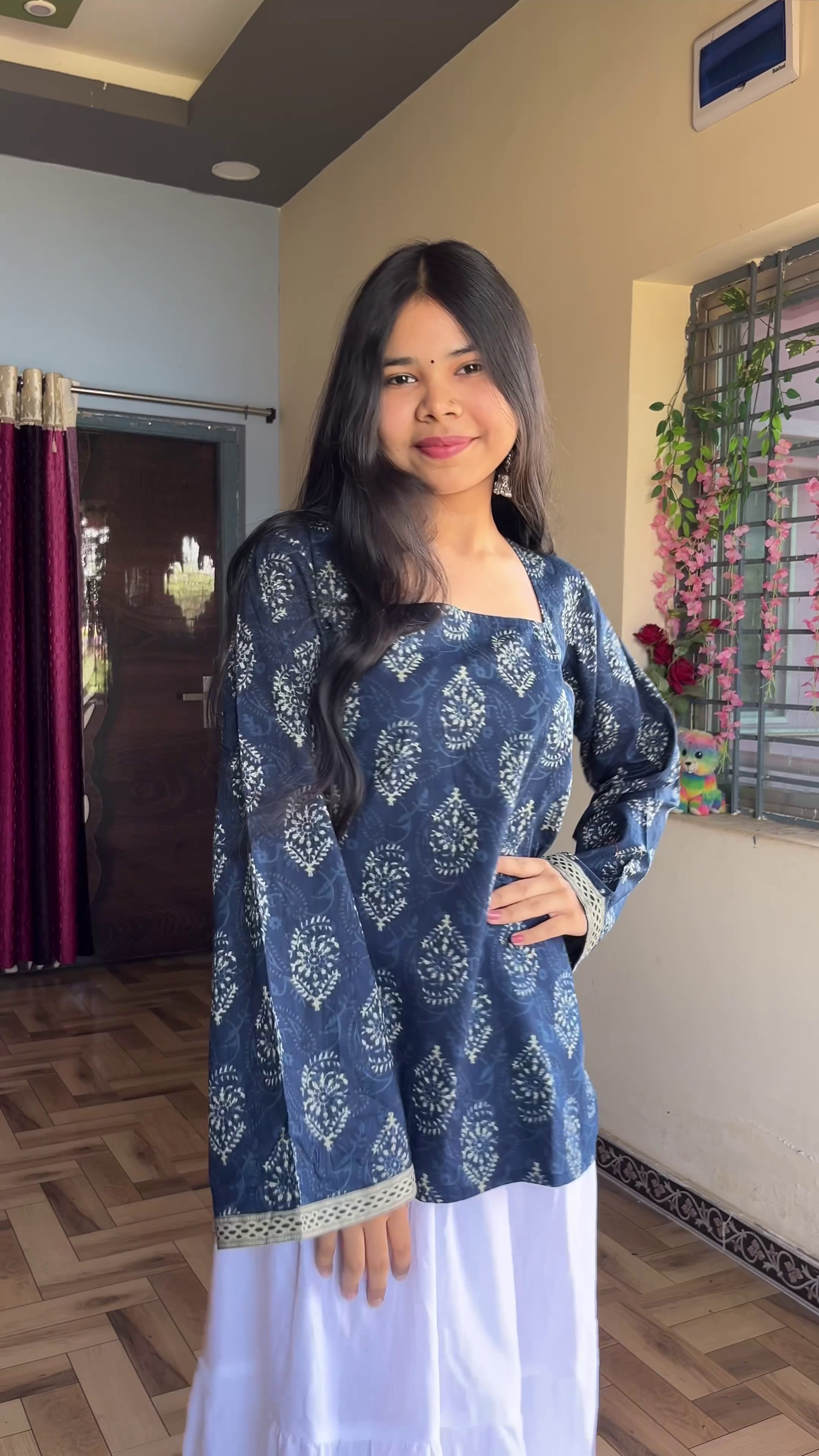 Women's Navy Blue Printed A-Line Kurta Set