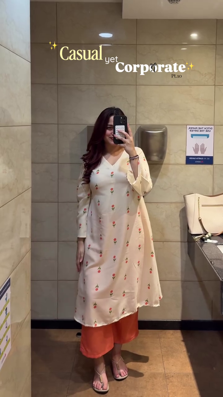 Women's Ivory Floral Printed  Kurta with Rust Palazzo Set