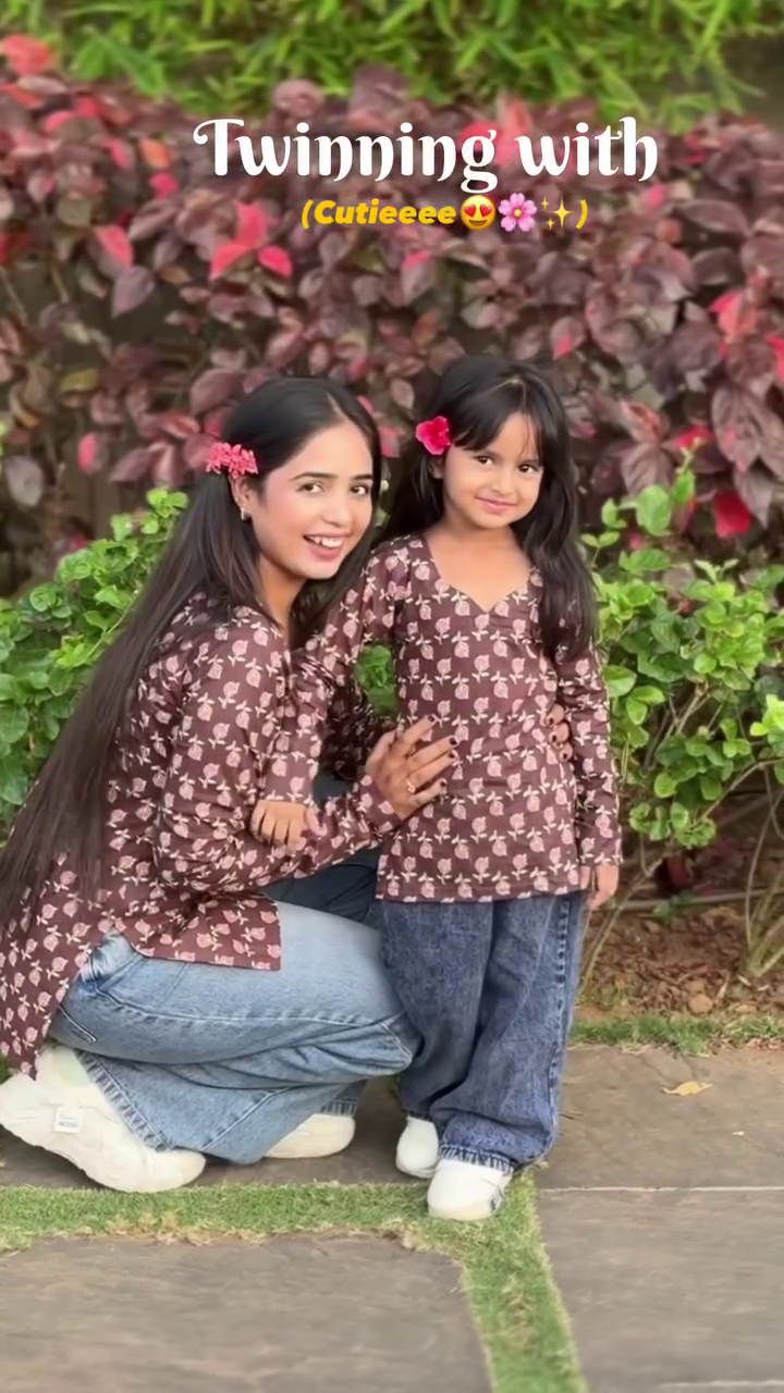 Brown Floral Twinning Cotton Kurti Set (Mother & Daughter)
