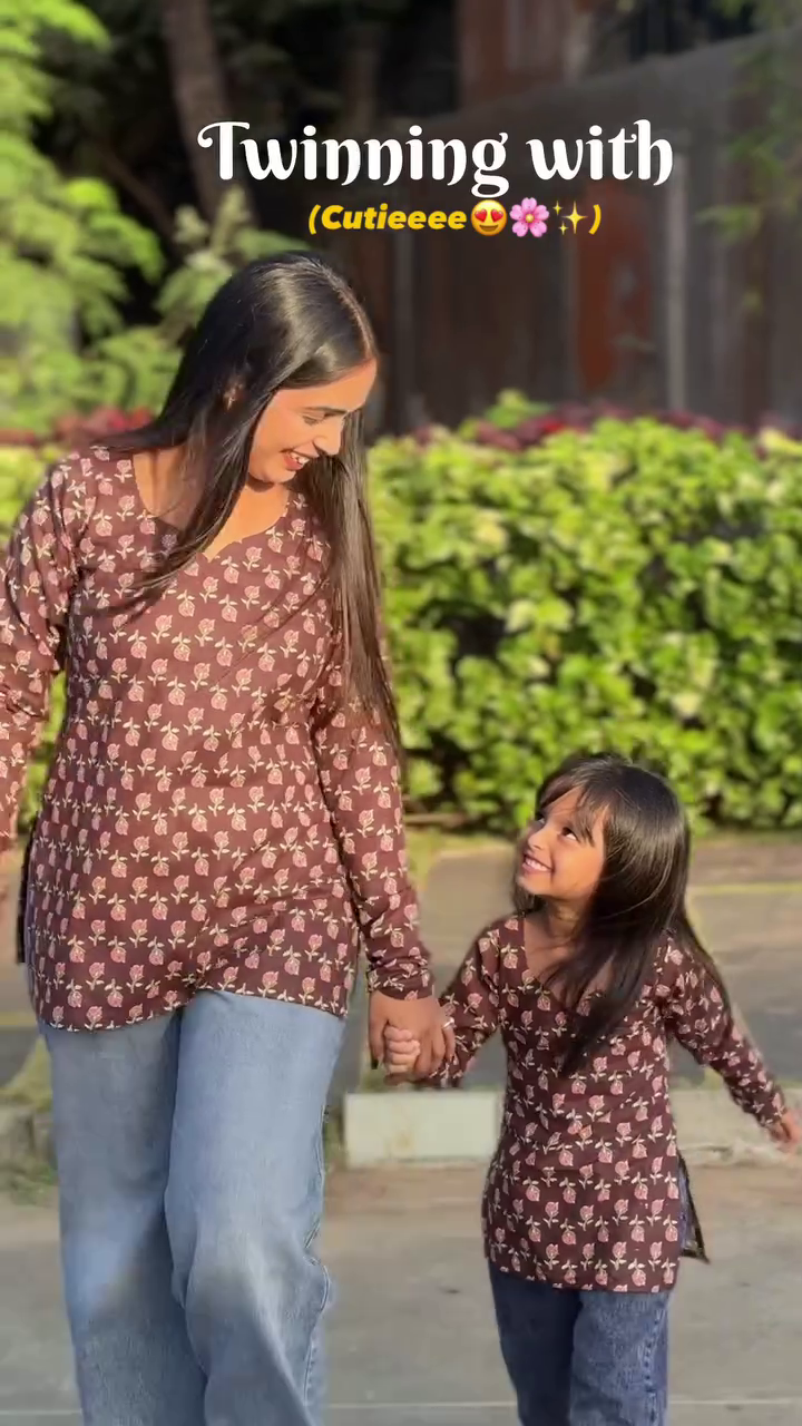 Brown Floral Twinning Cotton Kurti Set (Mother & Daughter)
