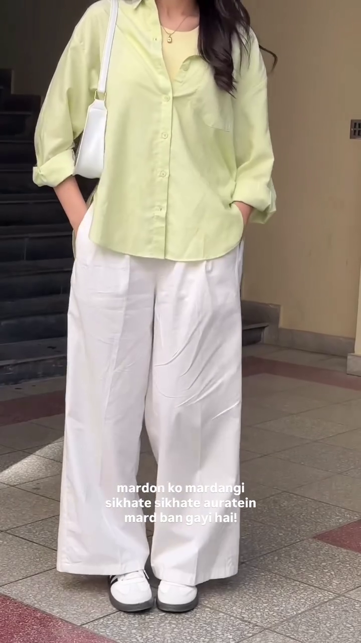 Light Green Oversized Shirt with Wide-Leg White Pants