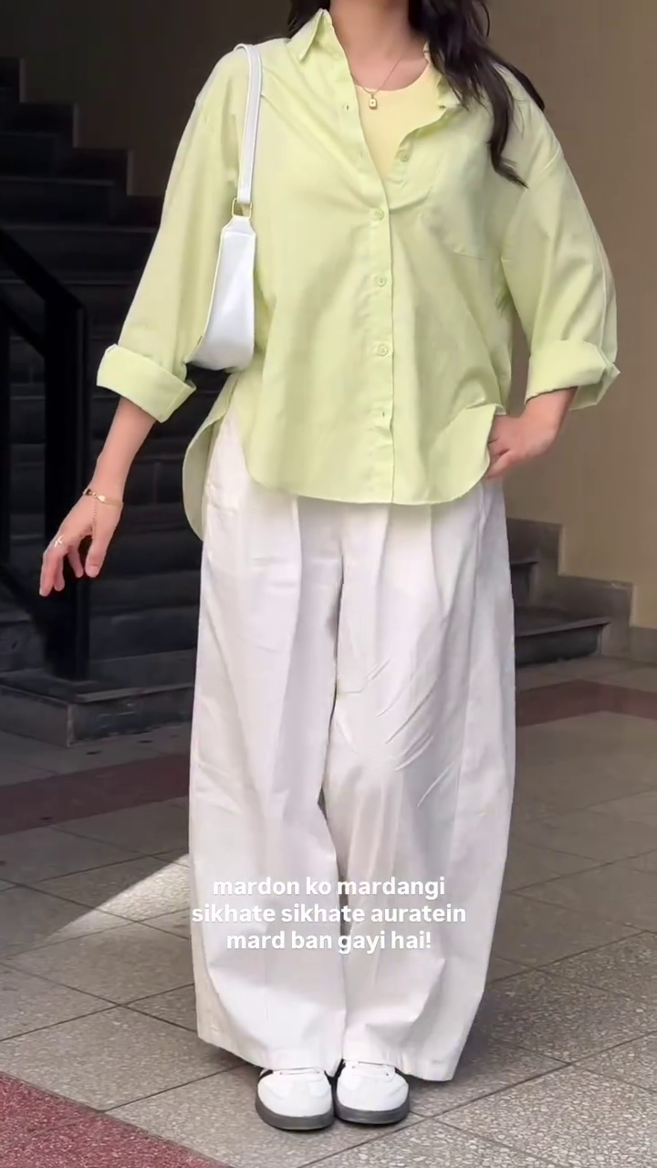Light Green Oversized Shirt with Wide-Leg White Pants