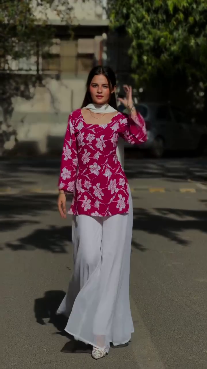 Pink Floral Printed Kurta with White Sharara Set