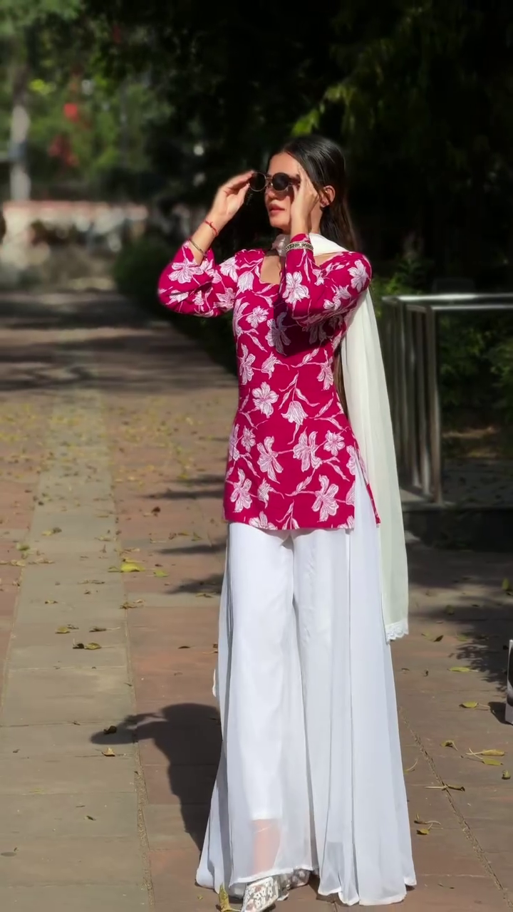 Pink Floral Printed Kurta with White Sharara Set