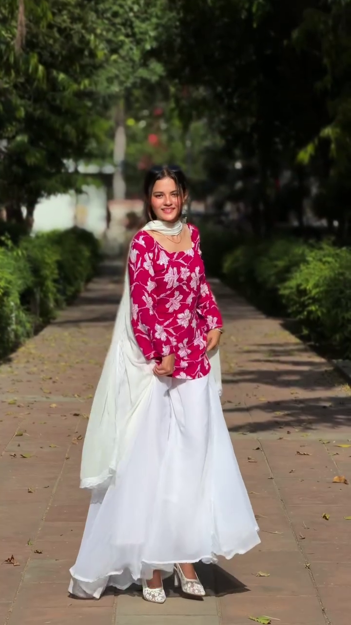Pink Floral Printed Kurta with White Sharara Set
