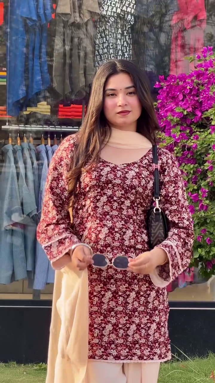 Brown Colour Floral Printed Kurti Set