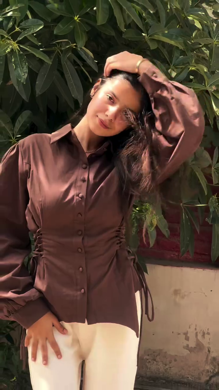 Chocolate Brown Ruched Button-Down Shirt