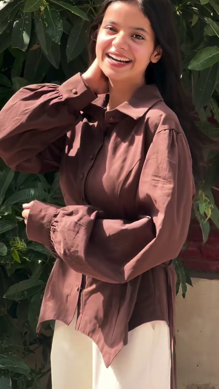 Chocolate Brown Ruched Button-Down Shirt