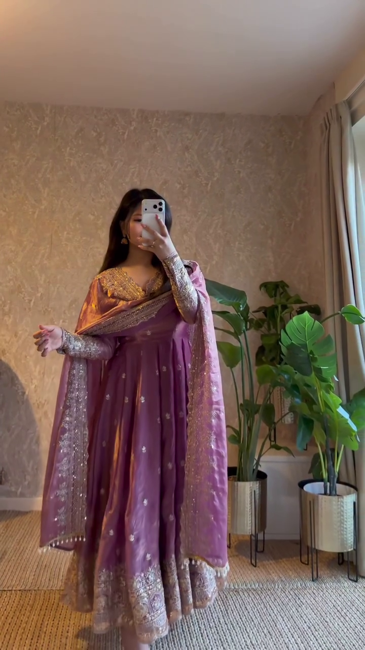 Mauve Embroidered Anarkali Suit Set with Heavy Dupatta