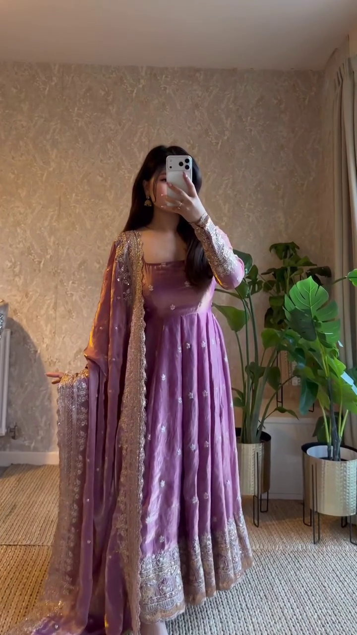 Mauve Embroidered Anarkali Suit Set with Heavy Dupatta