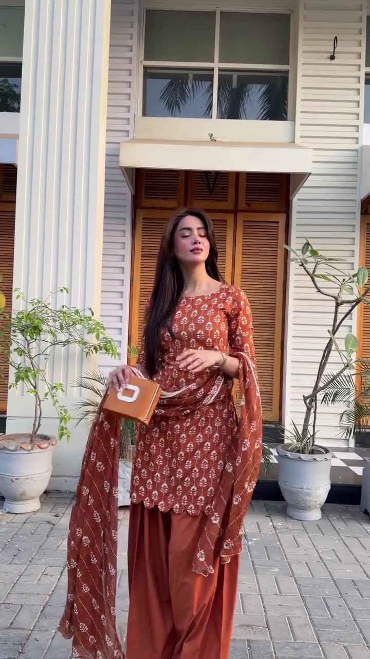 Premium Beige Paisley Printed Kurta Palazzo Set