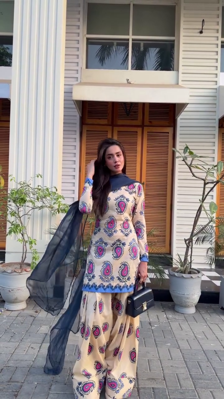 Premium Beige Paisley Printed Kurta Palazzo Set