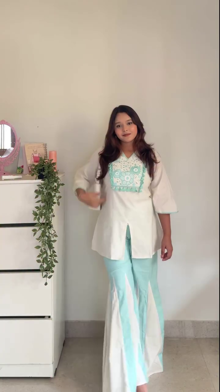 White & Mint Embroidered Kurta with Contrast Palazzo Set