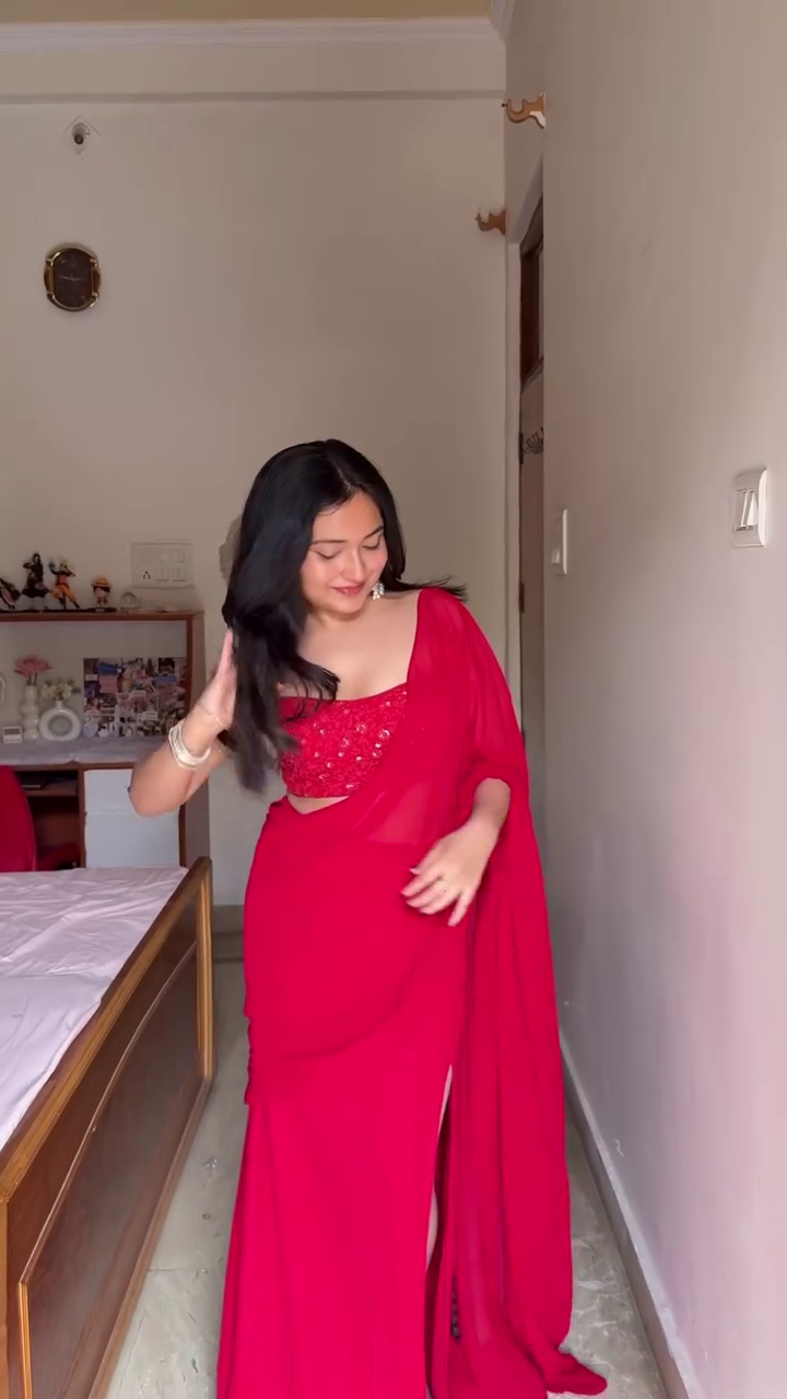 Red Sequin Designer Saree with Blouse