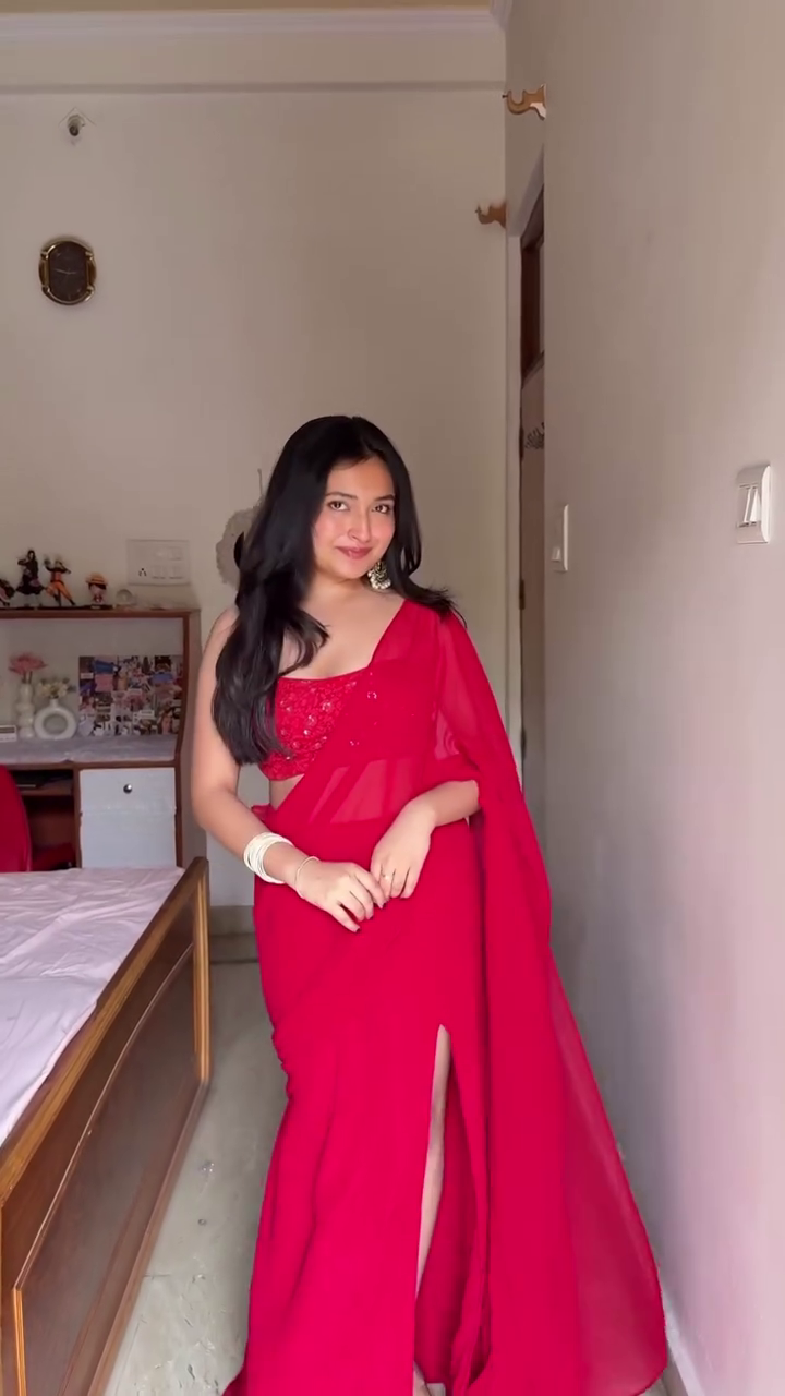 Red Sequin Designer Saree with Blouse