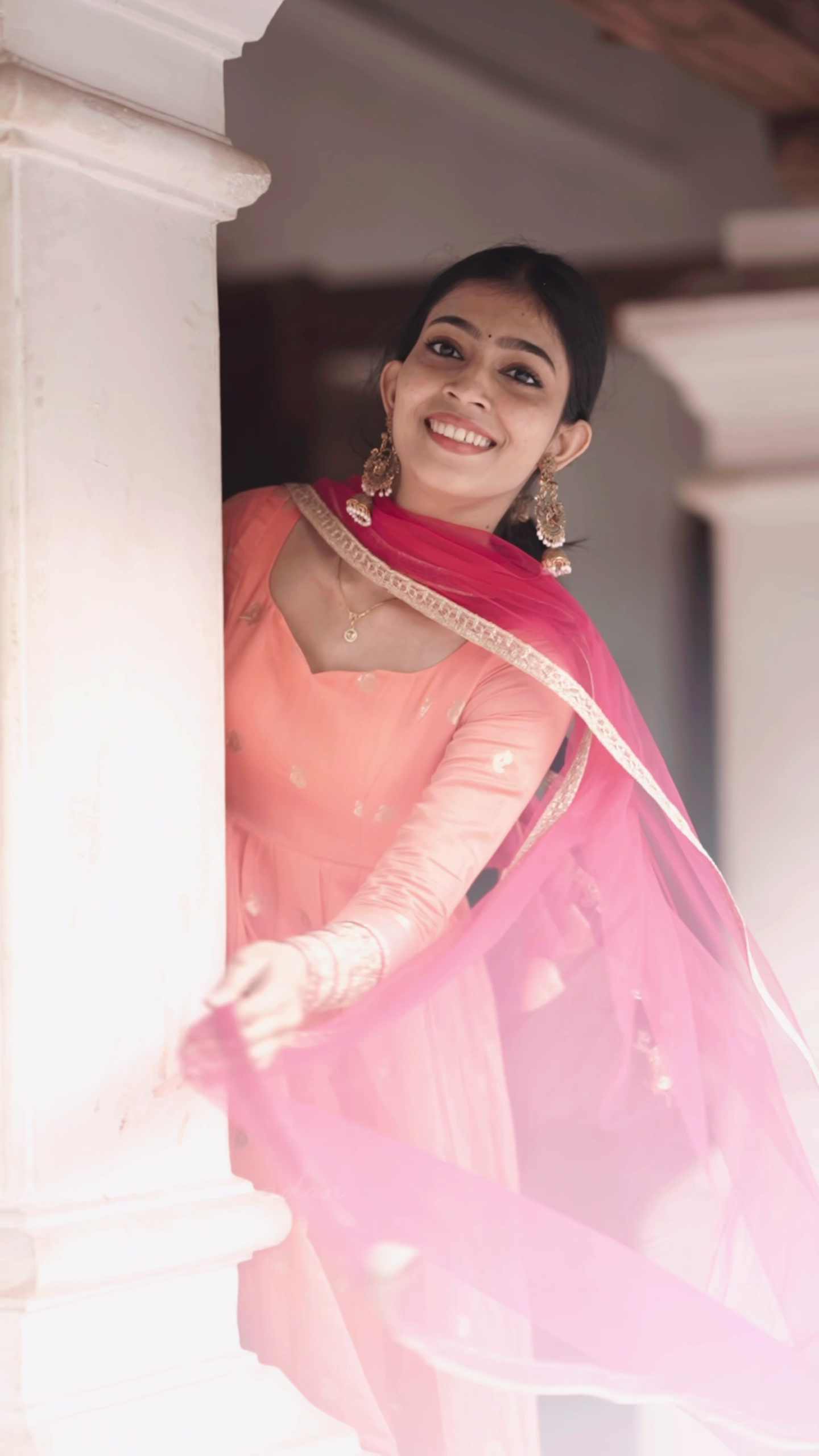Peach Embroidered Anarkali Kurta with Pink Dupatta