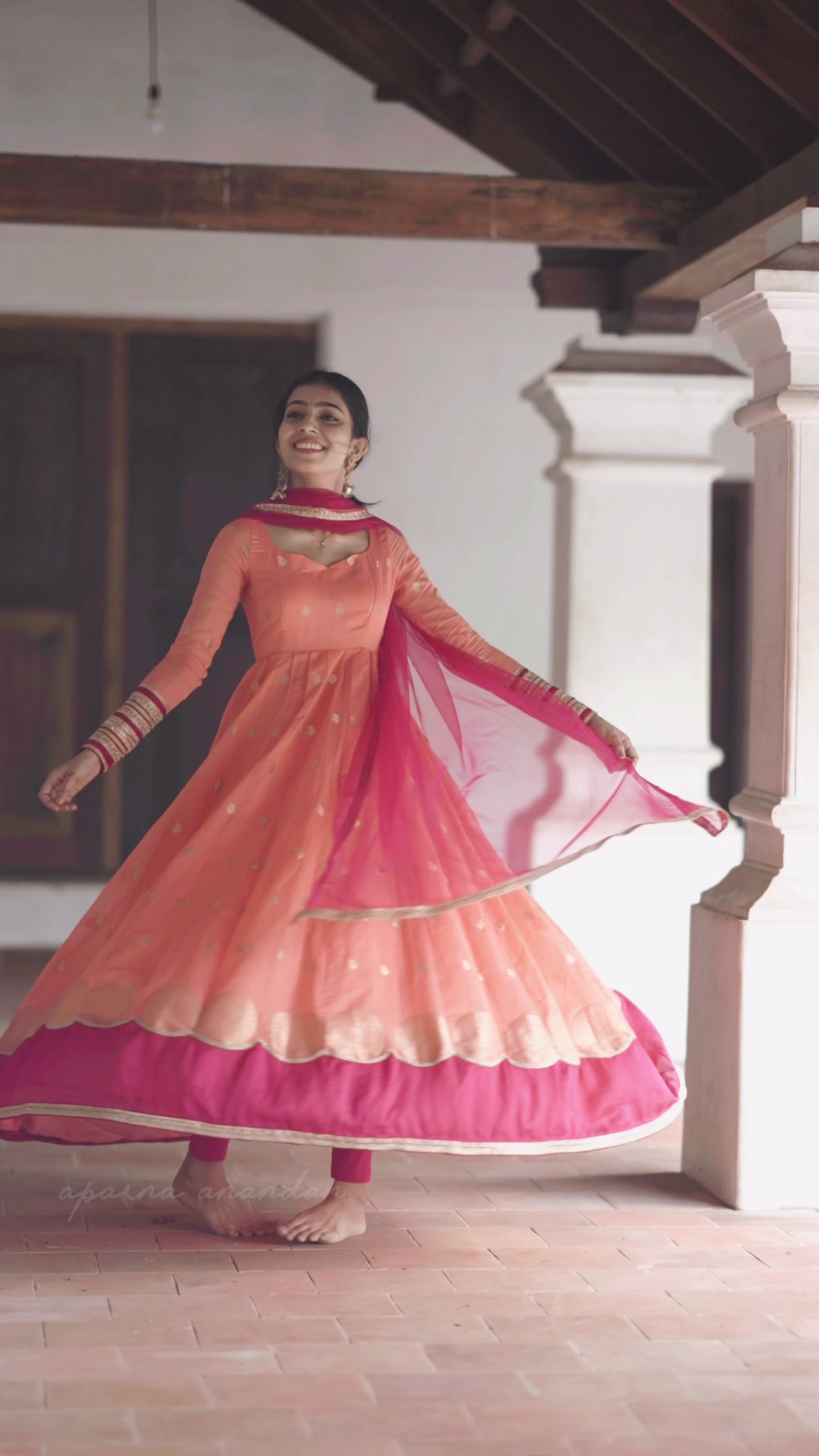 Peach Embroidered Anarkali Kurta with Pink Dupatta