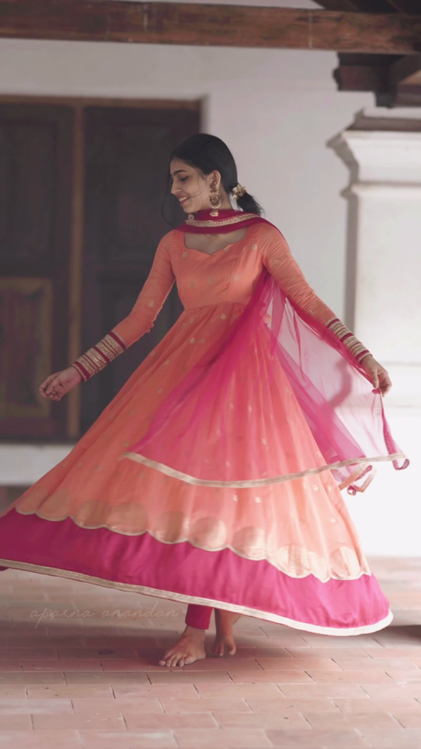 Peach Embroidered Anarkali Kurta with Pink Dupatta