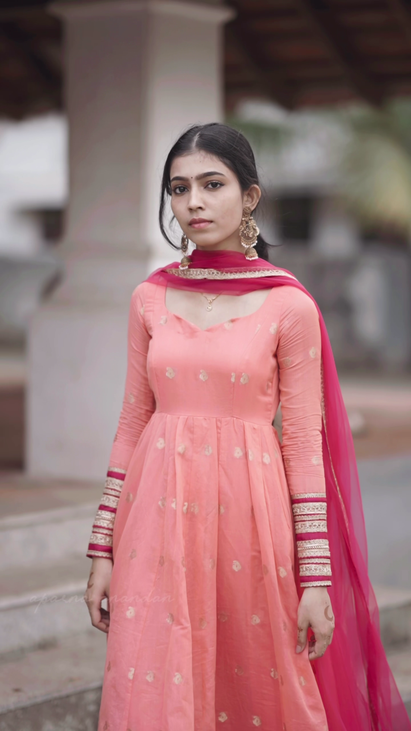 Peach Embroidered Anarkali Kurta with Pink Dupatta
