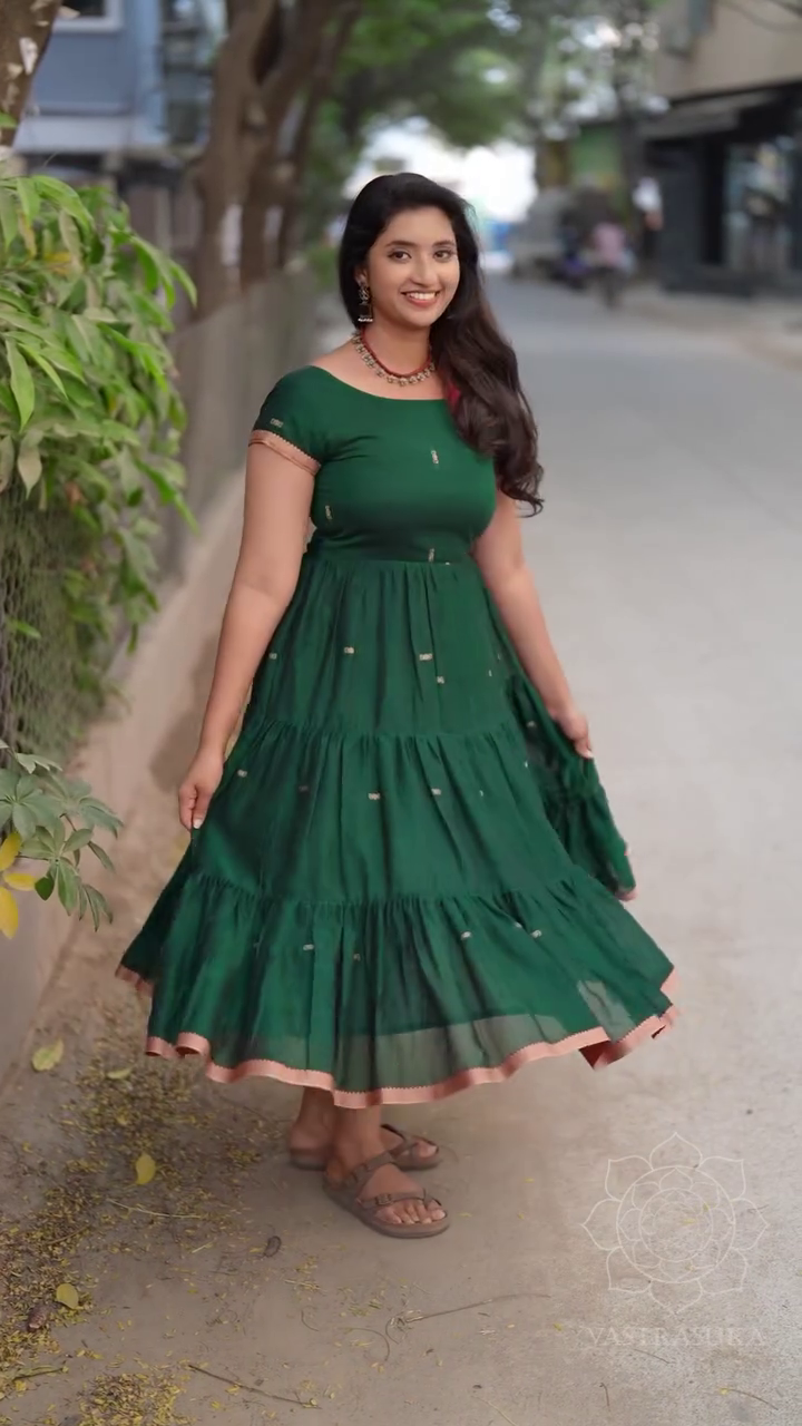 Emerald Green Colour Tiered Anarkali Dress